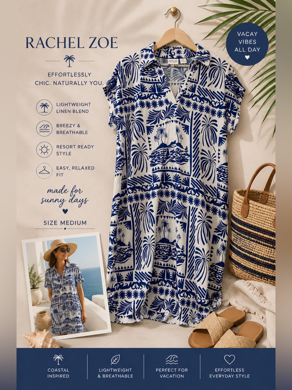 Rachel Zoe Linen Blend Tropical Palm Print Shift Dress Tunic Coverup Vacation M